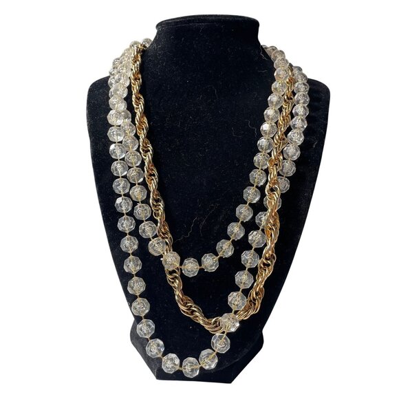 Sarah Coventry Golden Ice 3 strand necklace Lucite beads and gold tone rope chai - Picture 1 of 9
